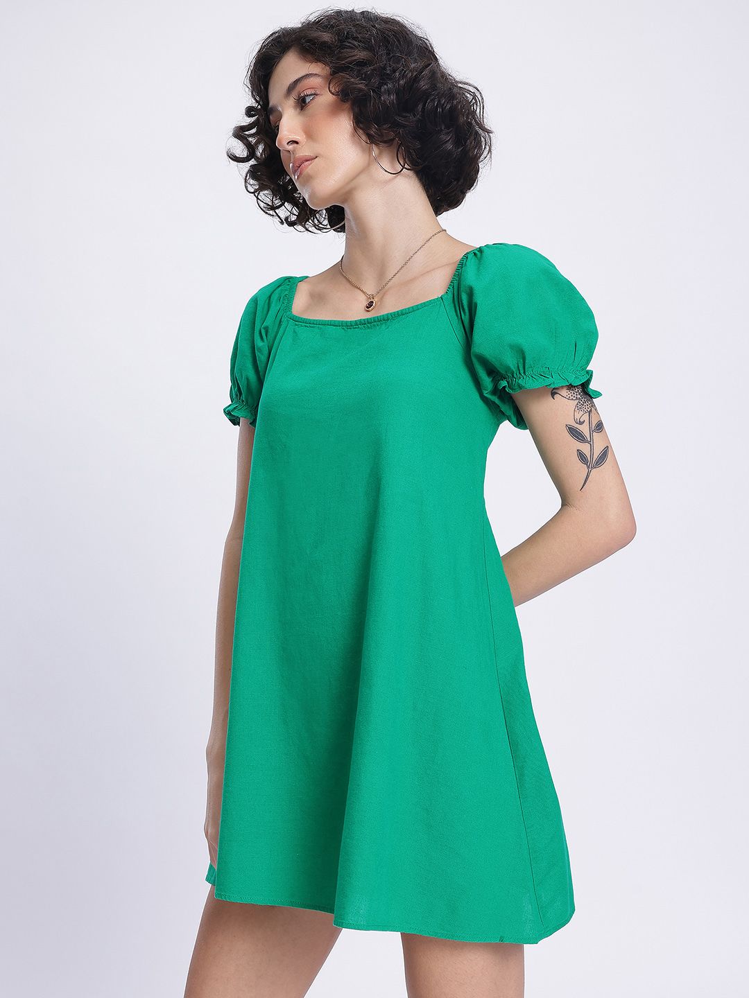 DressBerry Casual Essentials Puff Sleeve Tie-Up Back A-Line Mini Dress