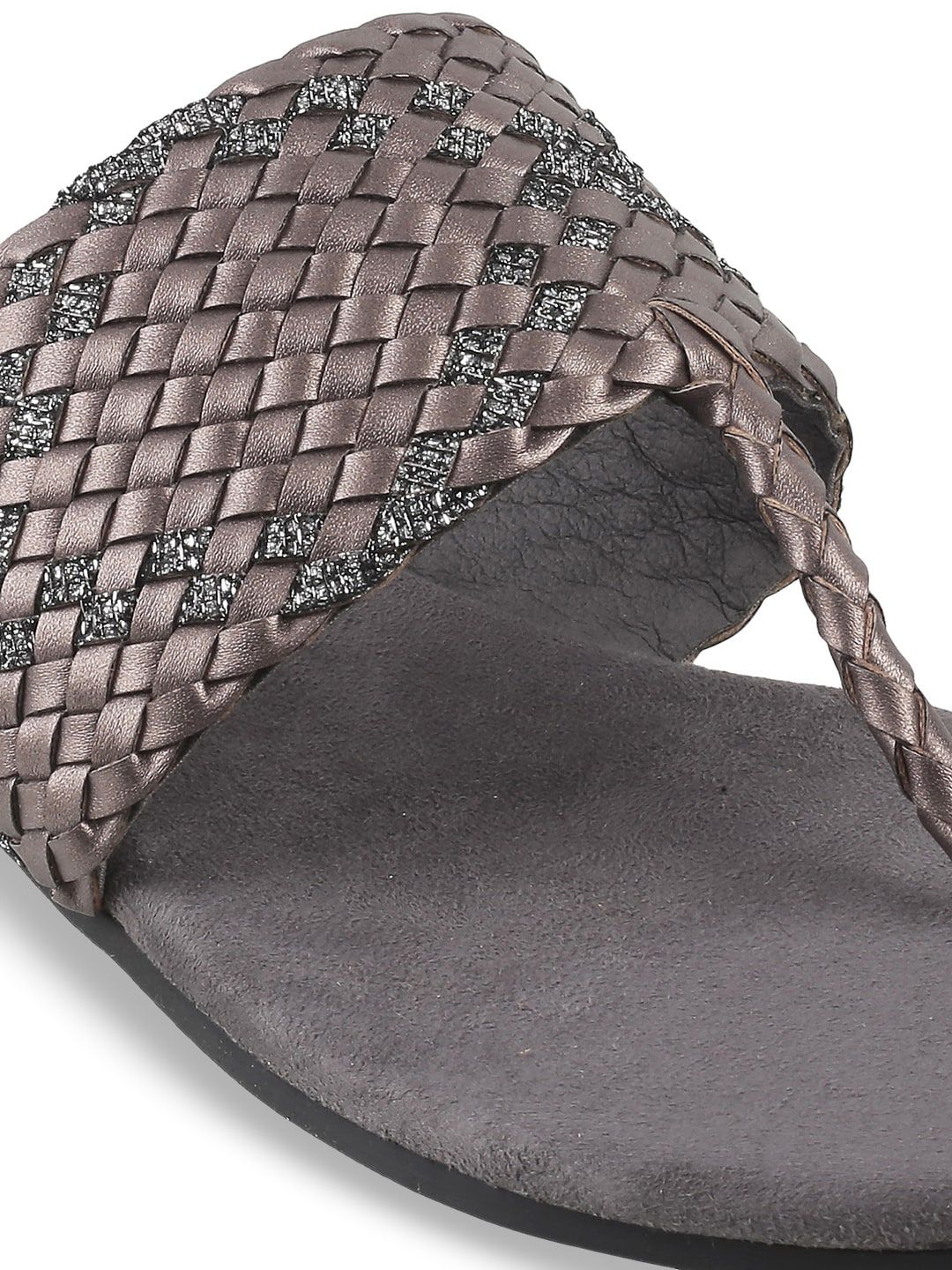 Mochi Women Grey Woven Design T-Strap Flats