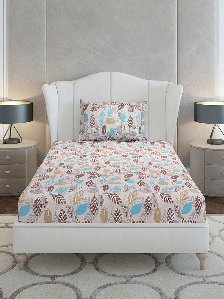 Monte Carlo Beige & Blue Floral Cotton 104 TC Single Bedsheet Set-2.24 m x 1.52 m