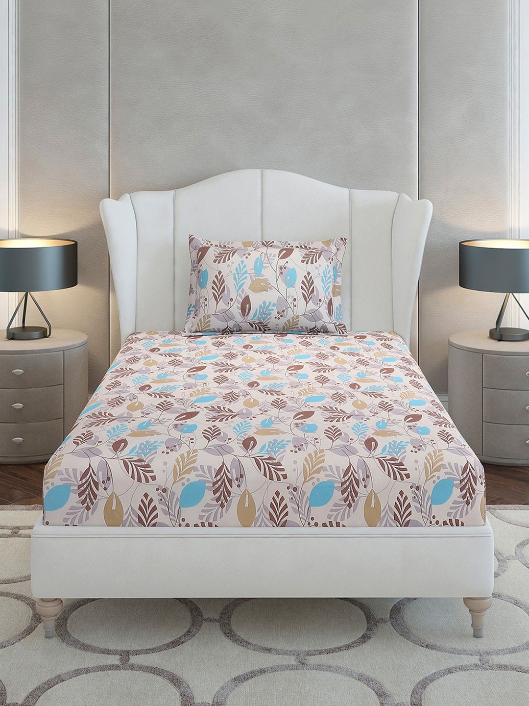 Monte Carlo Beige & Blue Floral Cotton 104 TC Single Bedsheet Set-2.24 m x 1.52 m