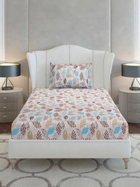 Monte Carlo Beige & Blue Floral Cotton 104 TC Single Bedsheet Set-2.24 m x 1.52 m