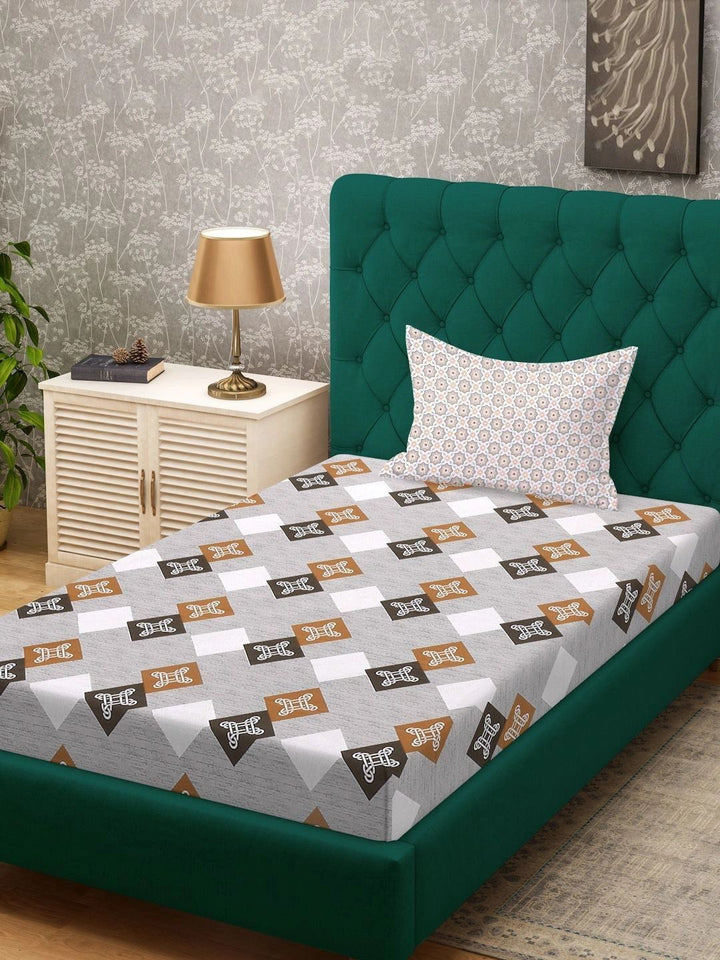 Myntra Elegant Homes Kapas Kelabu Geometrik 400 TC Cadar Tempat Tidur Single dengan 1 Sarung Bantal