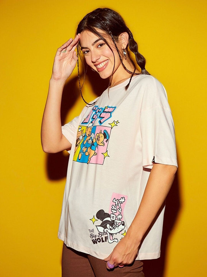 Bewakoof Pink Big Bad Wolf Graphic Printed Oversized Drop Shoulder Pure Cotton T-shirt