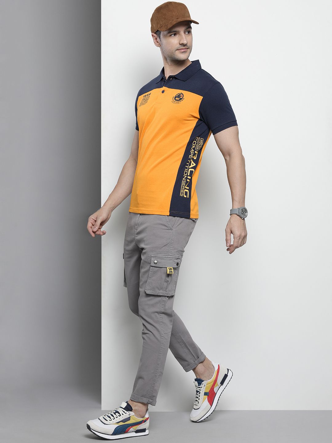 The Indian Garage Co Men Yellow & Navy Blue Colourblocked Polo Collar T-shirt