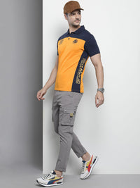 The Indian Garage Co Men Yellow & Navy Blue Colourblocked Polo Collar T-shirt