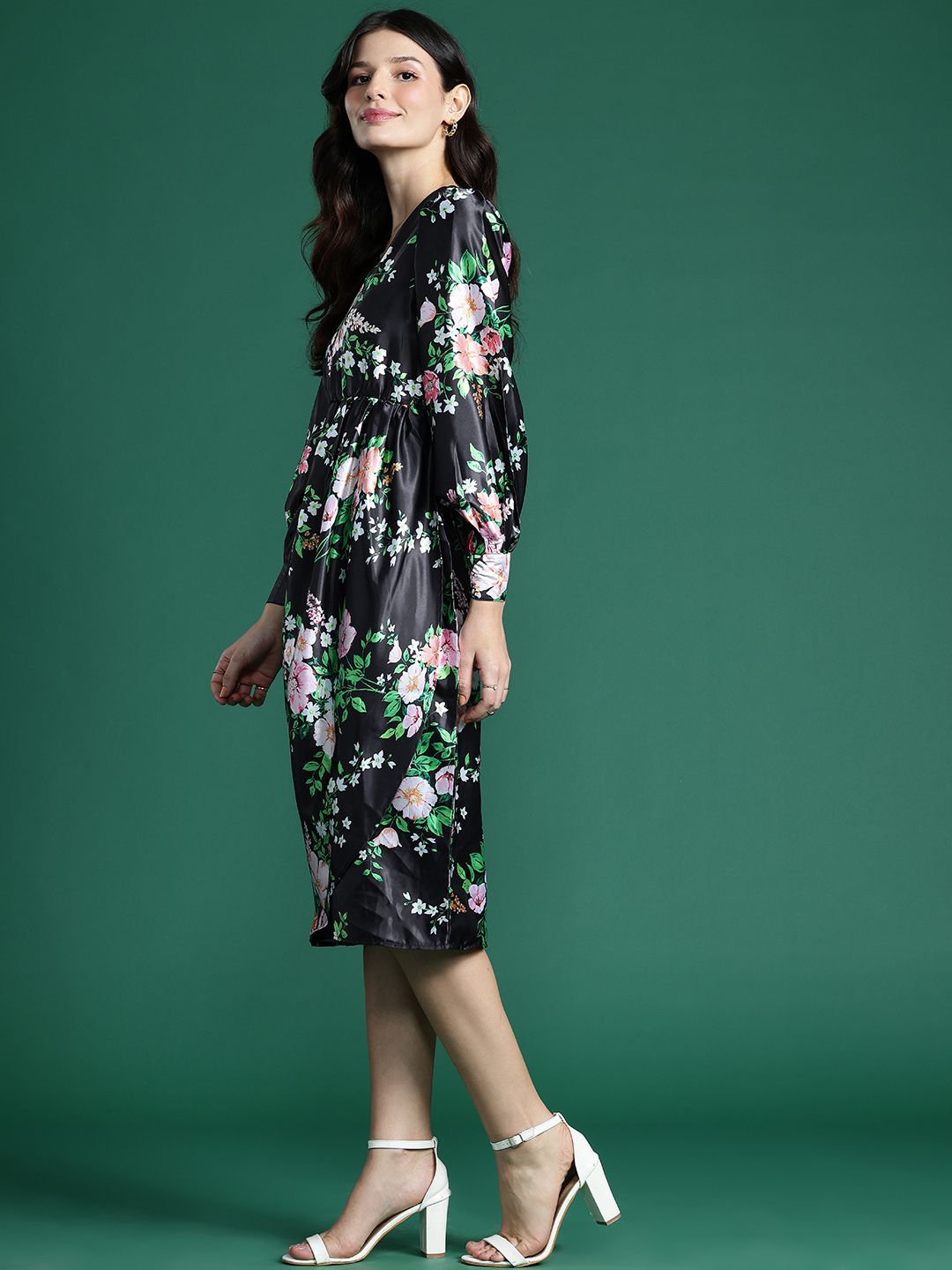 DressBerry Floral Print Satin-Finish A-Line Midi Dress