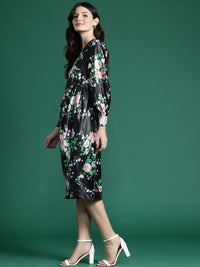 DressBerry Floral Print Satin-Finish A-Line Midi Dress