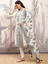Vishudh Off White Ethnic Motifs Printed Pure Cotton Straight Kurta With Trousers & Dupatta