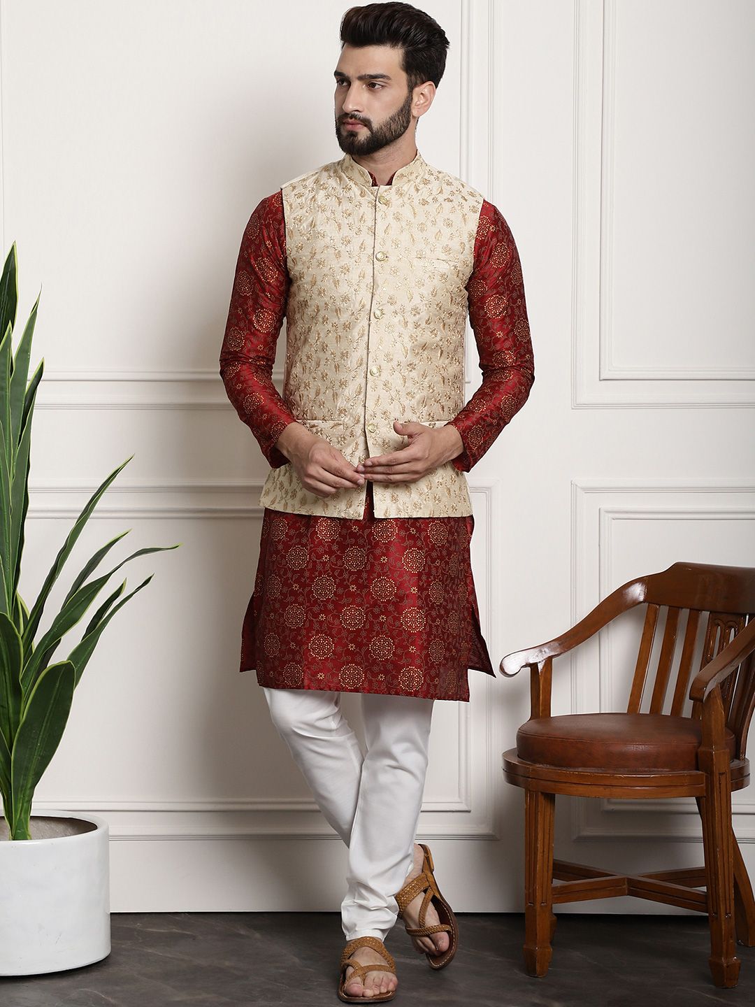 SOJANYA Men Maroon & Gold Floral Straight Kurta Churidar & Sequined Nehru Jacket