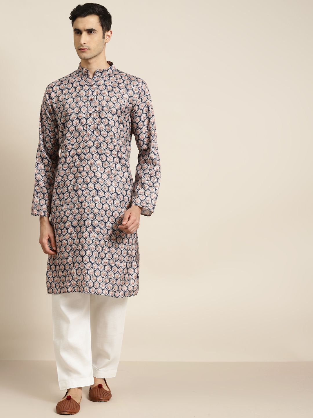 SOJANYA Men Navy Blue & Beige Ethnic Motifs Printed Pure Cotton Kurta