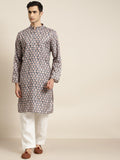 SOJANYA Men Navy Blue & Beige Ethnic Motifs Printed Pure Cotton Kurta