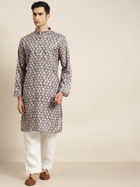 SOJANYA Men Navy Blue & Beige Ethnic Motifs Printed Pure Cotton Kurta