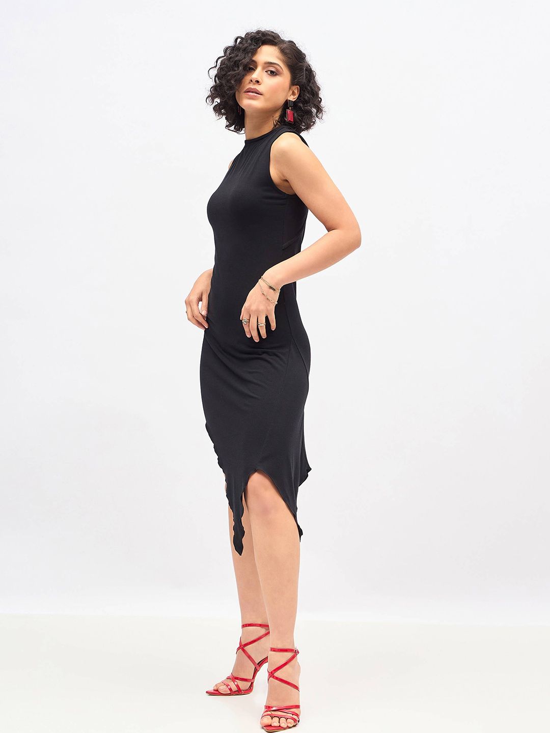 SASSAFRAS Black Asymmetric A-Line Midi Dress