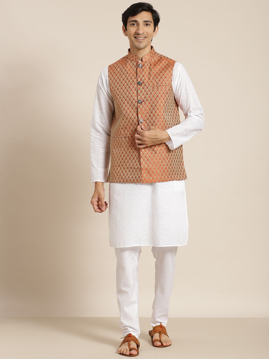 SOJANYA Men White Chikankari Pure Cotton Kurta with Churidar & Nehru Jacket