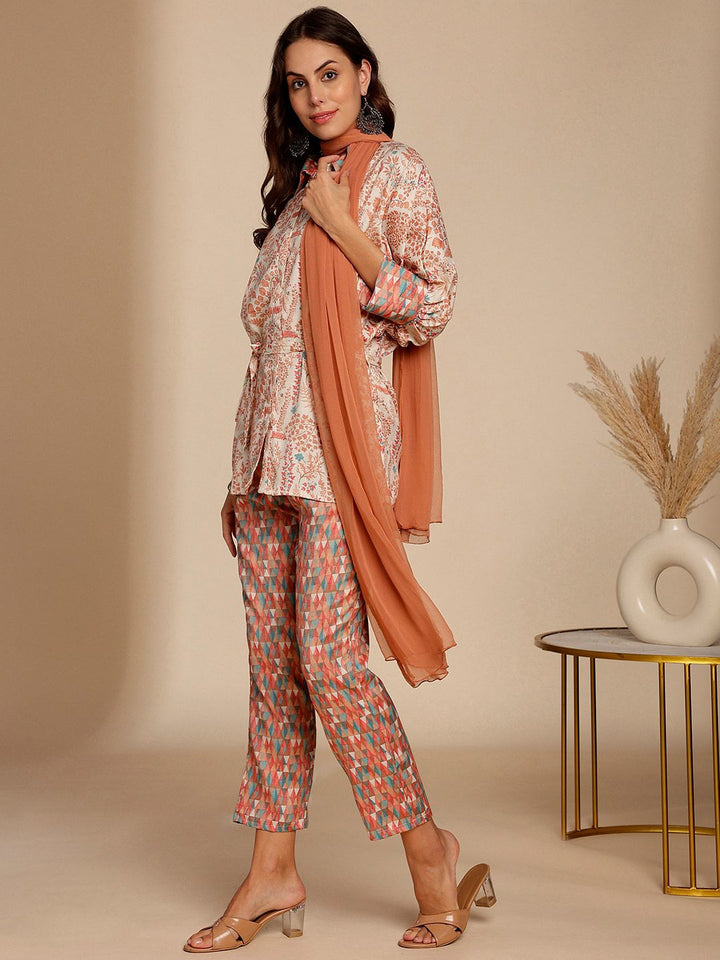 Anouk Floral Printed Top & Trousers With Dupatta