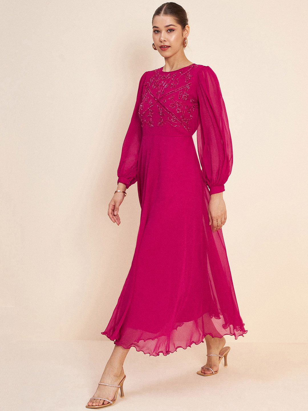 Antheaa Pink Puff Sleeve Embellished Detail Fit & Flare Dress