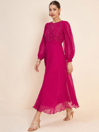 Antheaa Pink Puff Sleeve Embellished Detail Fit & Flare Dress