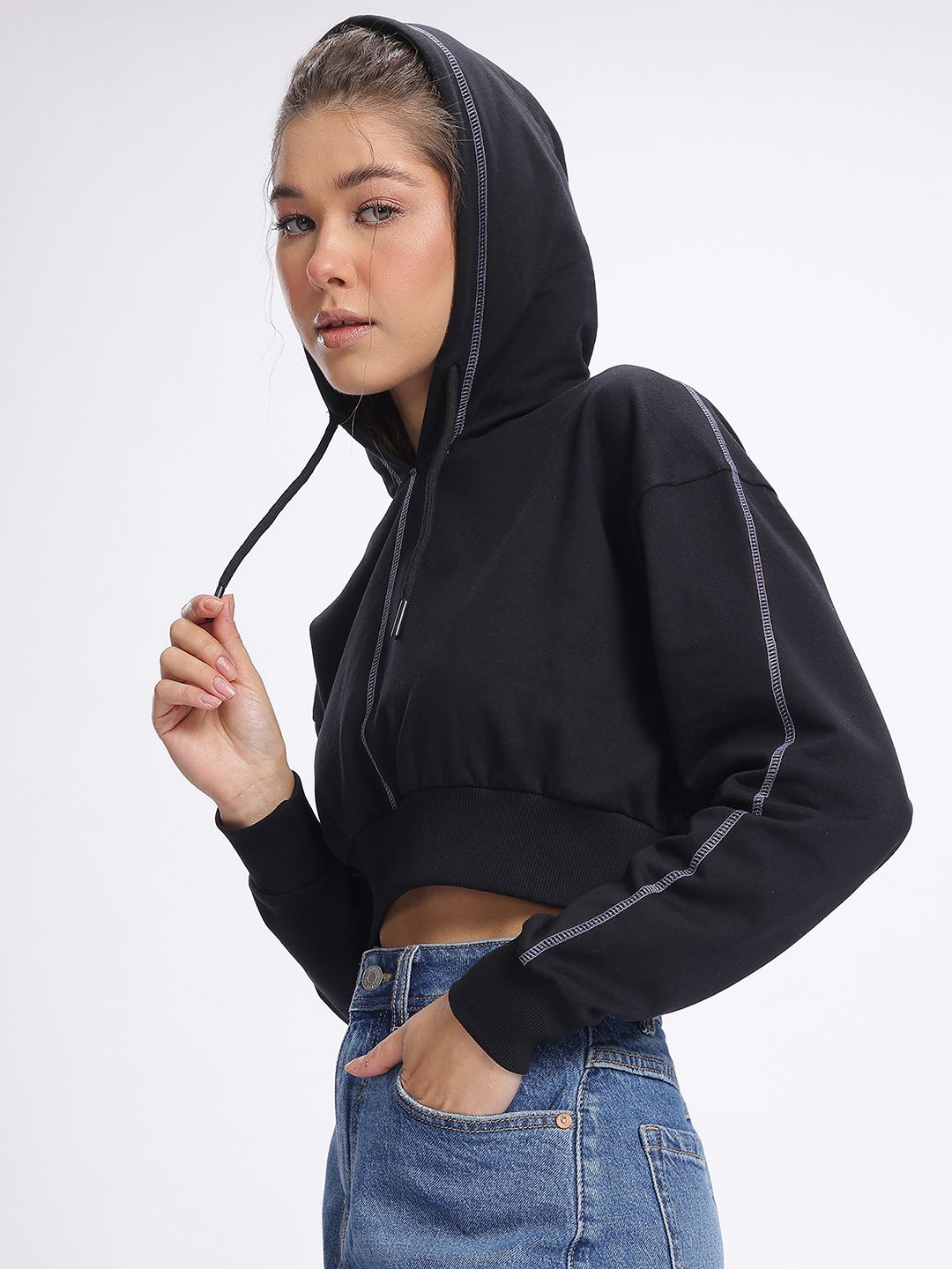 DressBerry Drop-Shoulder Sleeves Crop Hooded Sweatshirt