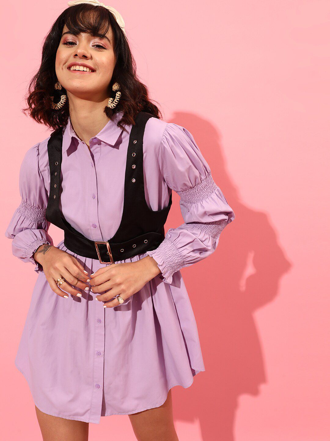 STREET 9 Puff Sleeves Pure Cotton Shirt Dress