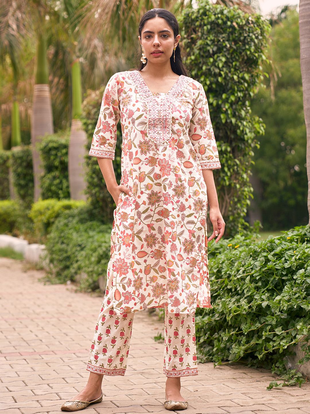 Libas Women Ethnic Motifs Printed Regular Mirror Work Pure Cotton Kurta with Palazzos