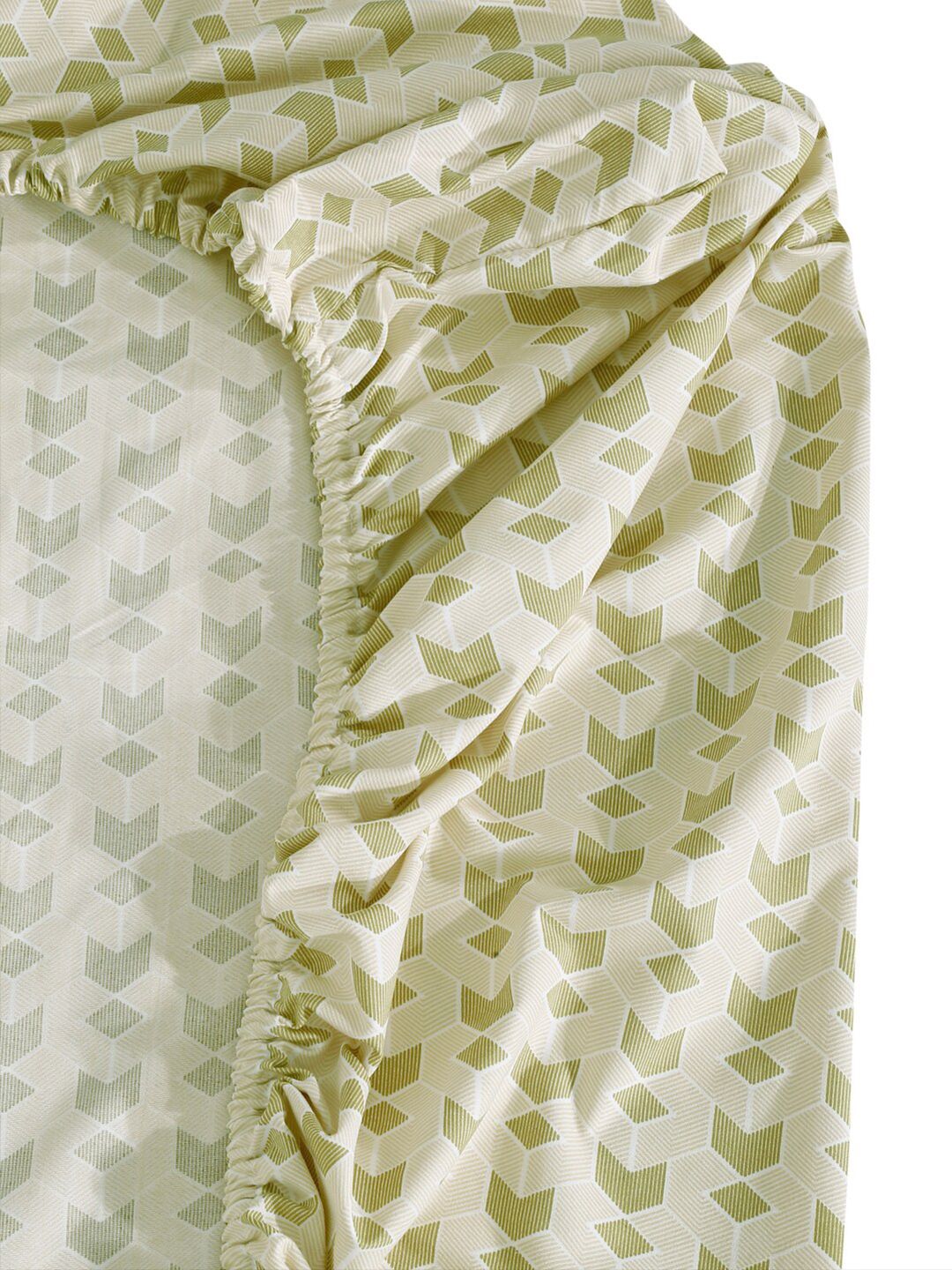 KLOTTHE Olive-Green & White Geometric-Printed 300TC Fitted King Bedsheet & 2 Pillow Covers