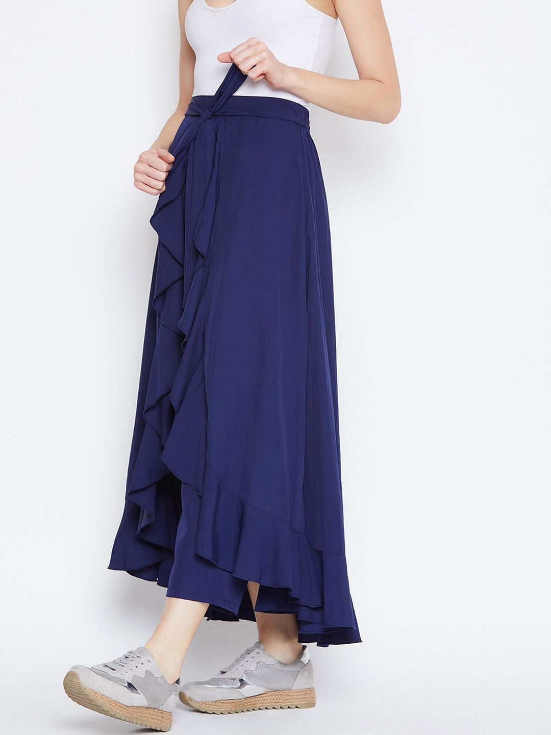 Berrylush Women Navy Blue Solid Ruffle Wrap Maxi Skirt