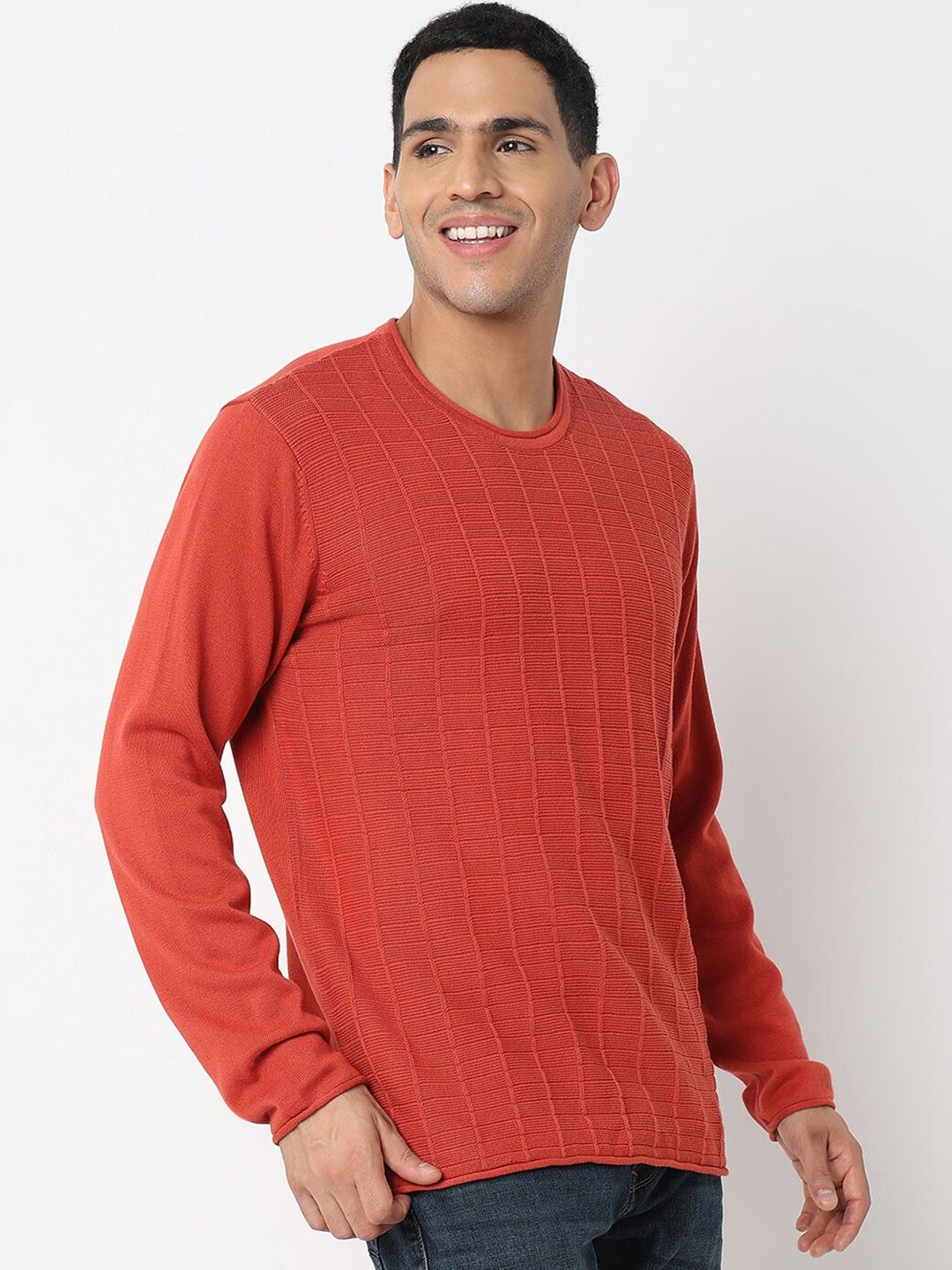 SPYKAR Striped Self Design Round Neck Cotton Pullover Sweater