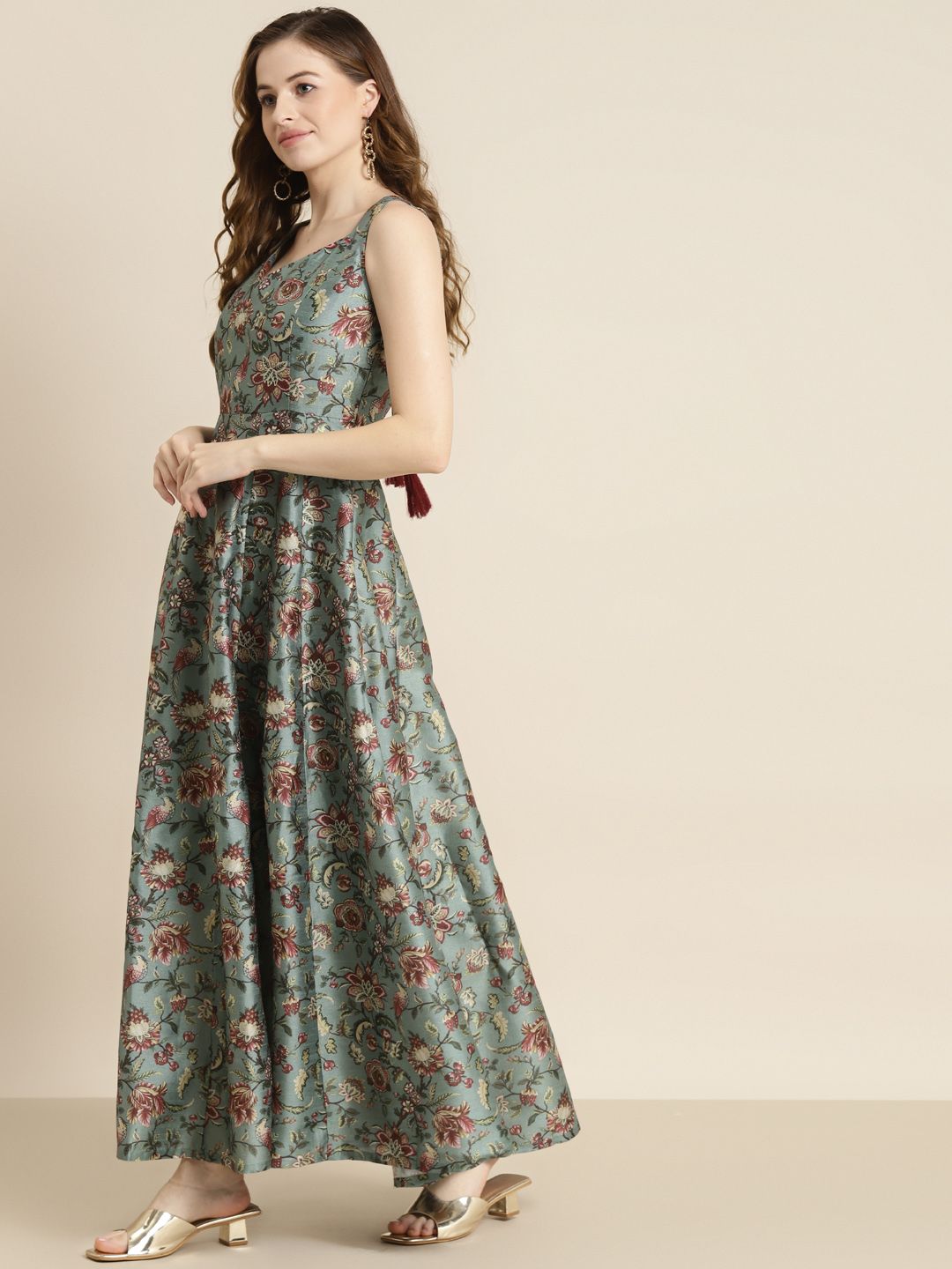 Shae by SASSAFRAS Olive Green & Maroon Floral Maxi Dress