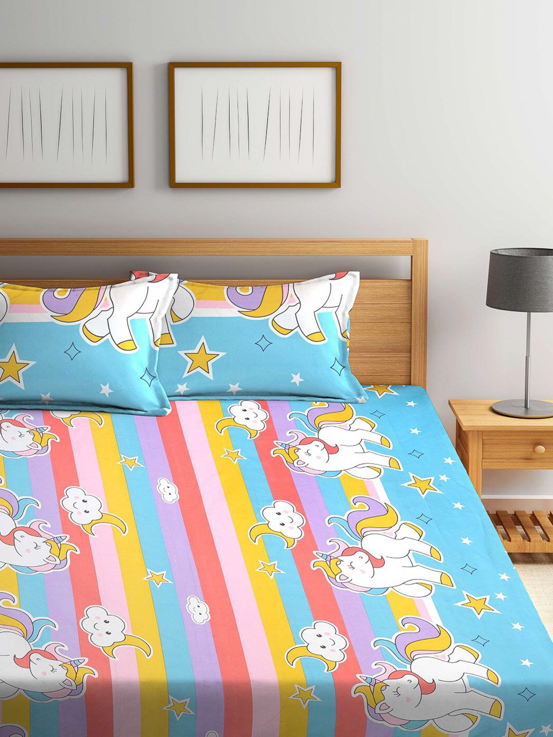 KLOTTHE Blue Cartoon Characters 300 TC King Fine Bedsheet with 2 Pillow Covers-250X225 cm