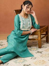 KALINI Sequinned Round Neck Thread Work Kurta With Trousers