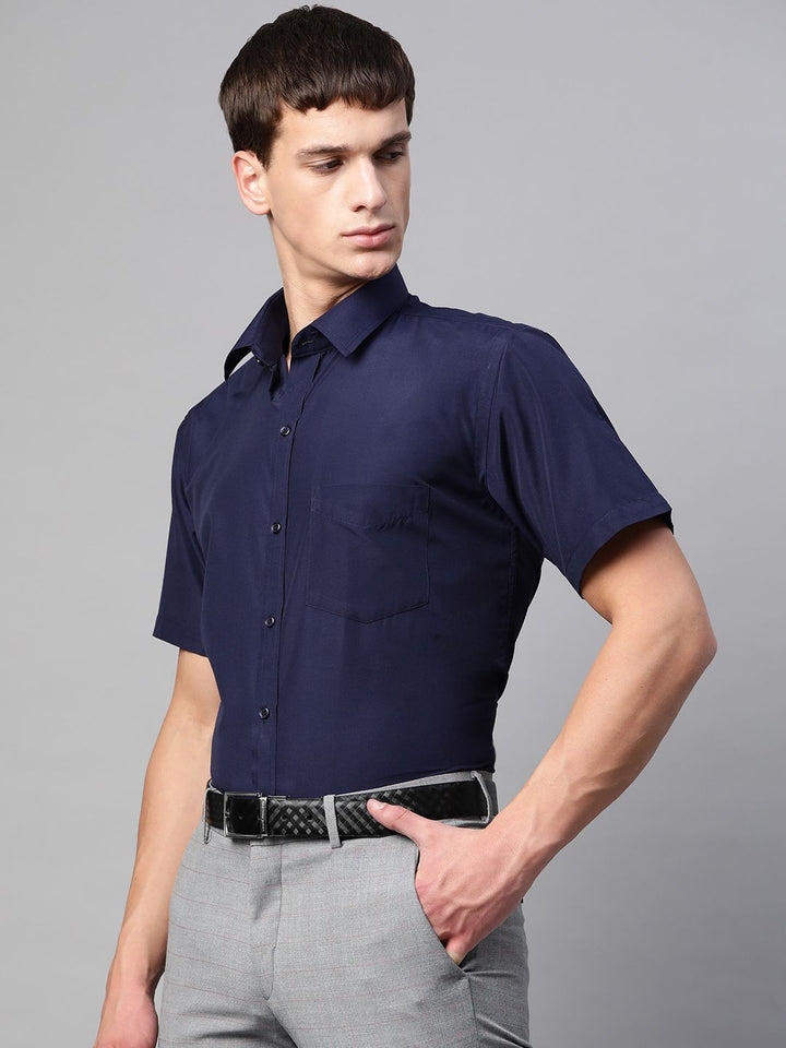 English Navy Men Navy Blue Polyester Slim Fit Solid Formal Shirt