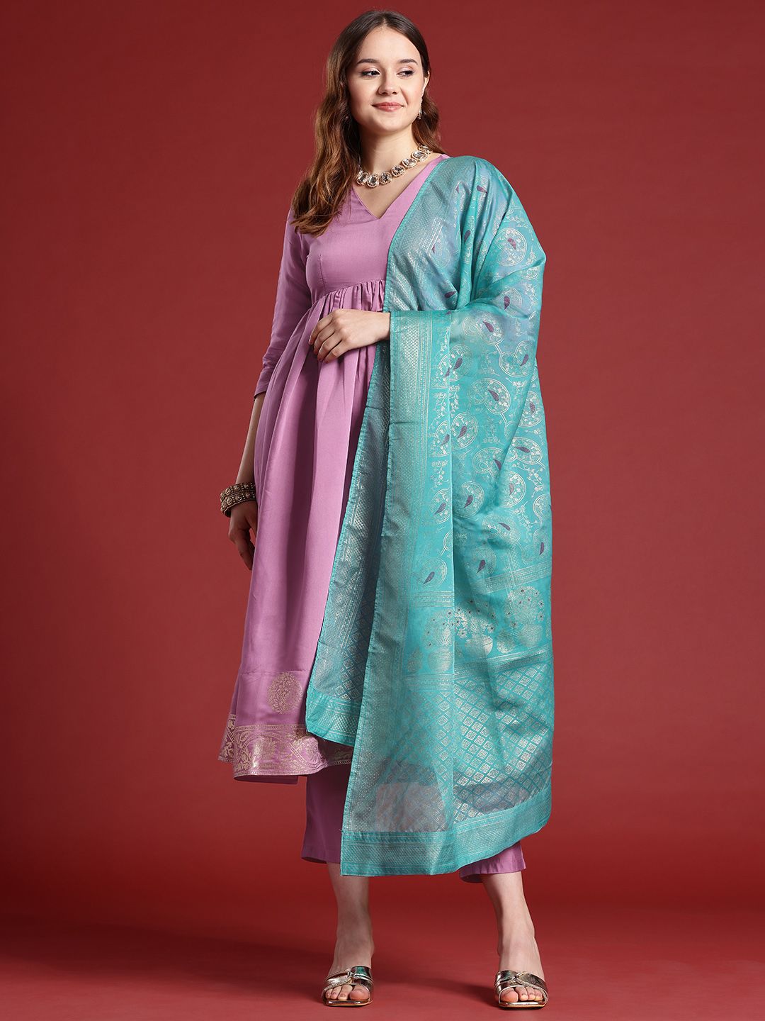 Anouk Women Floral Foil Printed Gathered Kurta With Trousers & With Dupatta