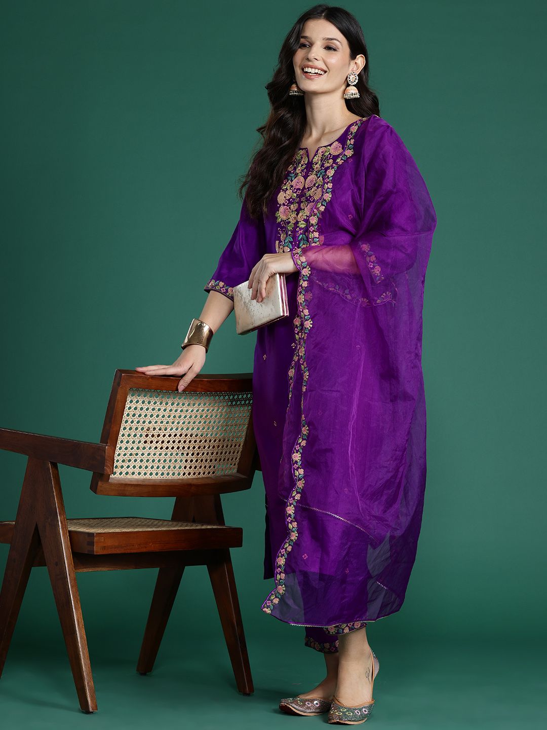 Indo Era Floral Embroidered Sequinned Liva Kurta With Trousers & Dupatta
