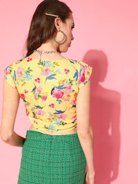 SASSAFRAS Women Bright Yellow Floral Twist and Knot Top