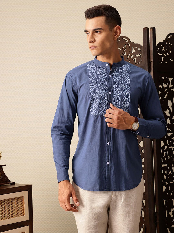 House of Pataudi Floral Embroidered Pure Cotton Jashn Casual Shirt
