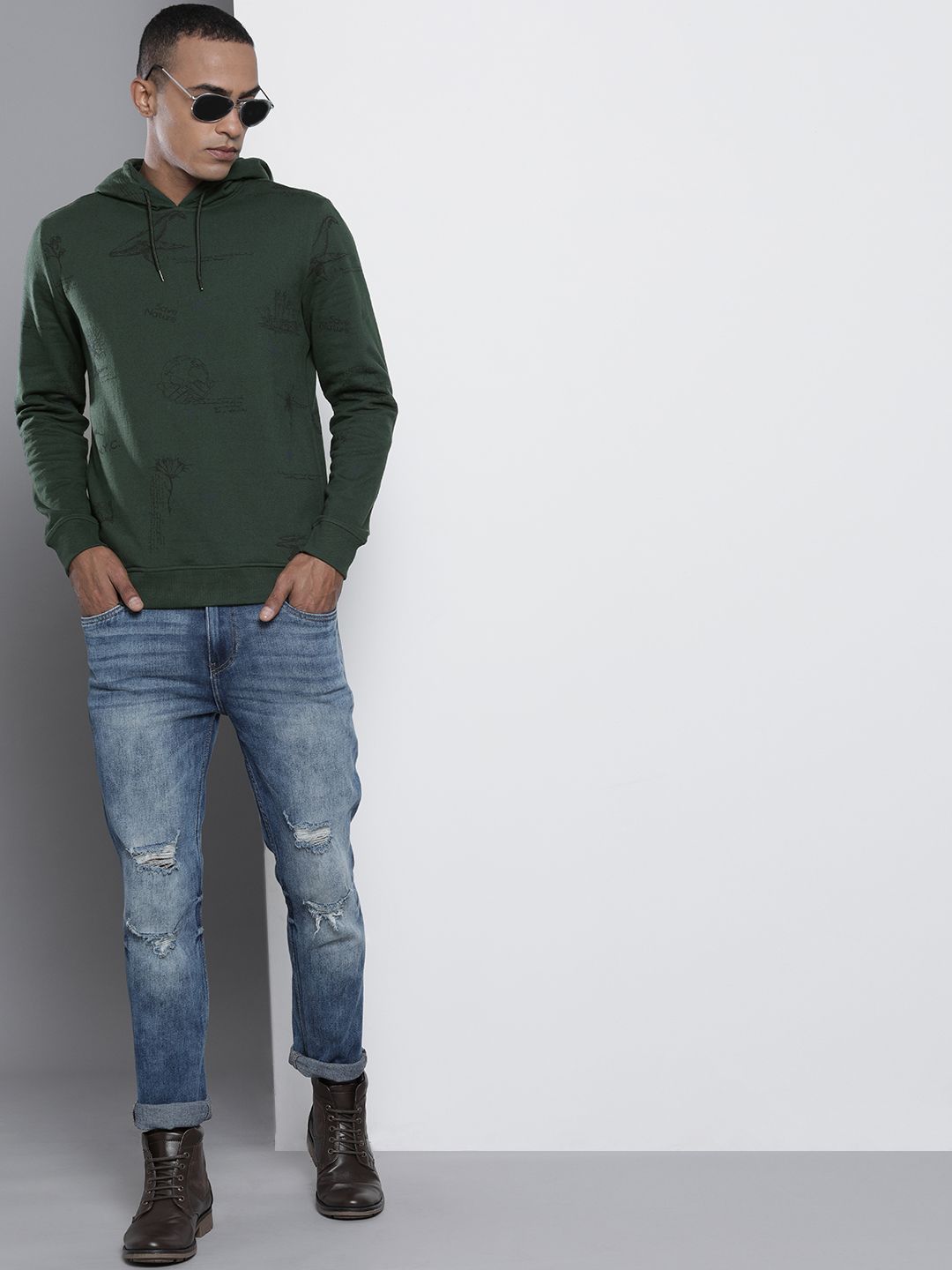 The Indian Garage Co Men Olive Green Printed Hooded Sweatshirt