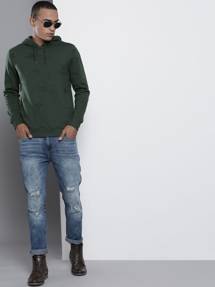 The Indian Garage Co Men Olive Green Printed Hooded Sweatshirt