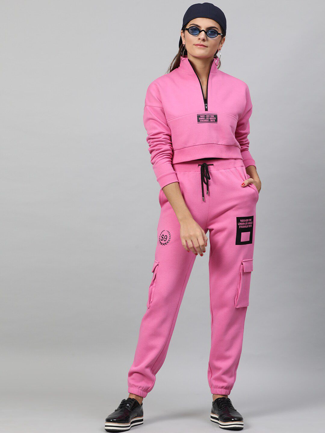 STREET 9 Women Pink Solid Pure Cotton Crop Sweatshirt