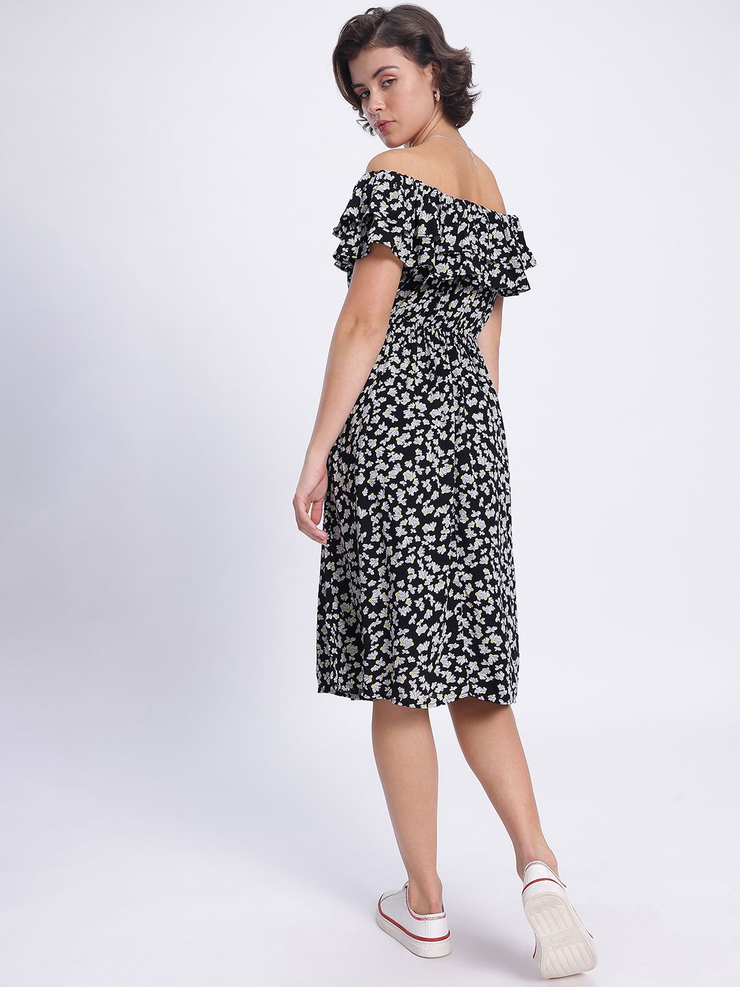 DressBerry Monochrome Florals Off-Shoulder A-Line Midi Dress
