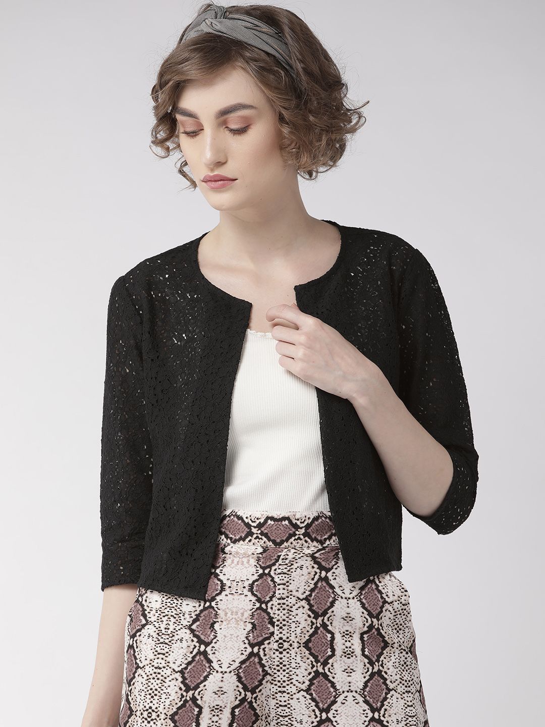 Style Quotient Women Black Self Design Open Front Crop Shrug