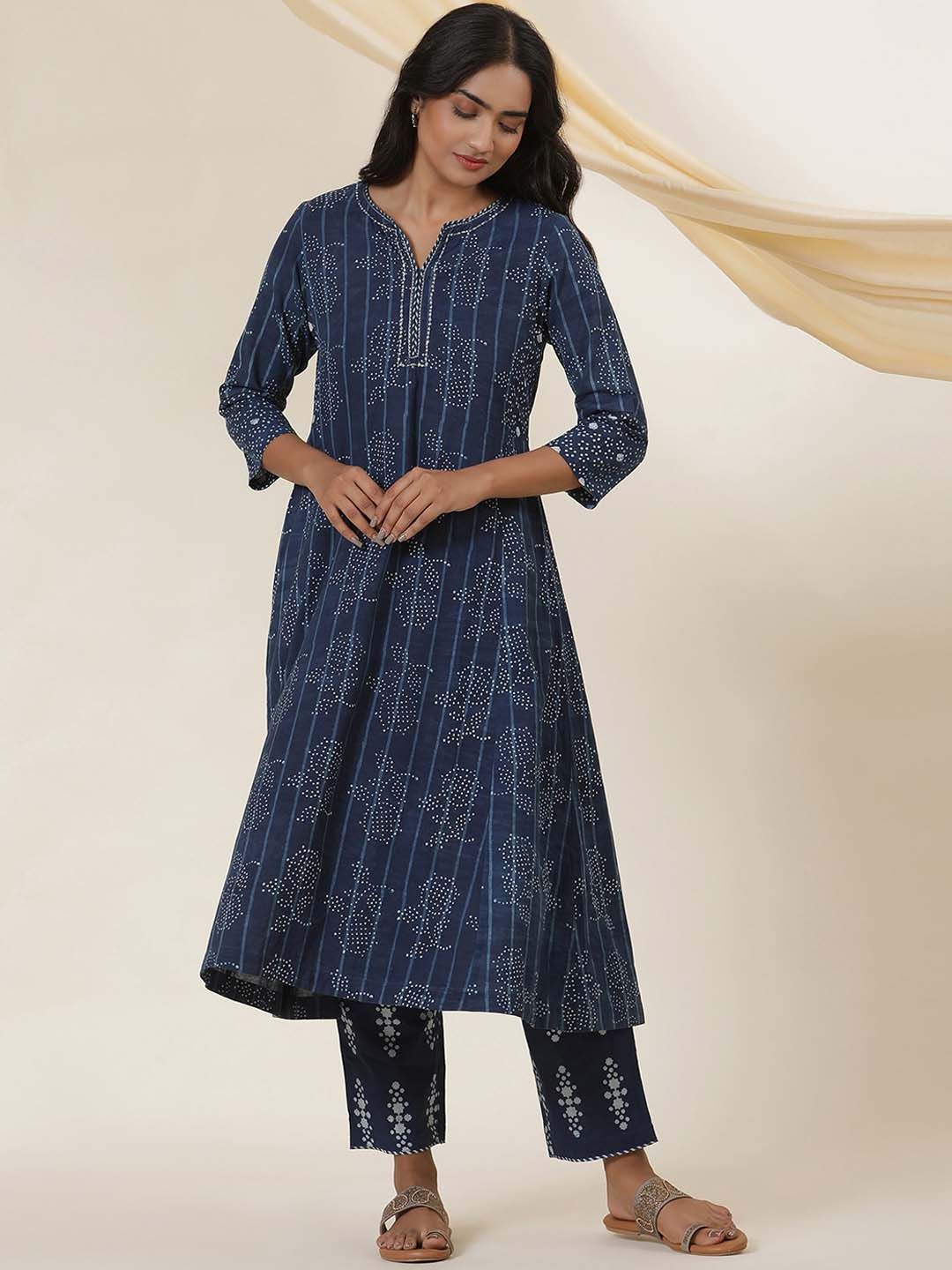 W Floral Printed Notched Neck Cotton A-Line Kurta