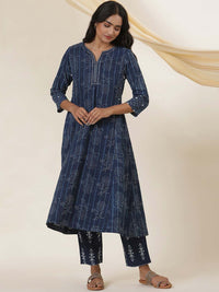 W Floral Printed Notched Neck Cotton A-Line Kurta