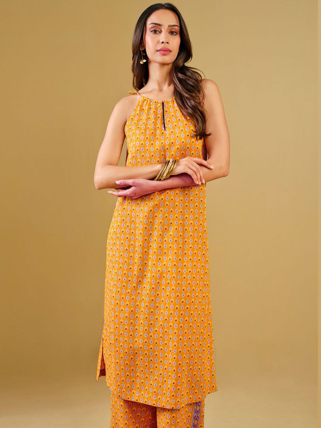 Global Desi Ethnic Motifs Printed Shoulder Straps Sequinned Straight Kurta with Trousers