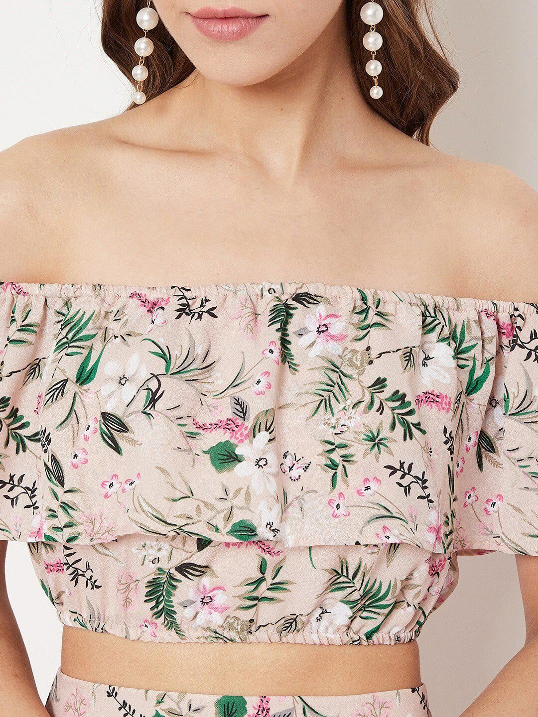 Berrylush Women Beige & Green Printed Top with Skirt