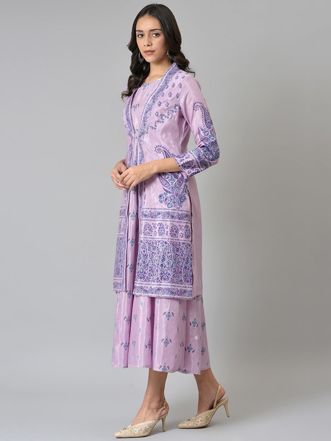 W Purple Women Floral Printed A-Line Midi Dress