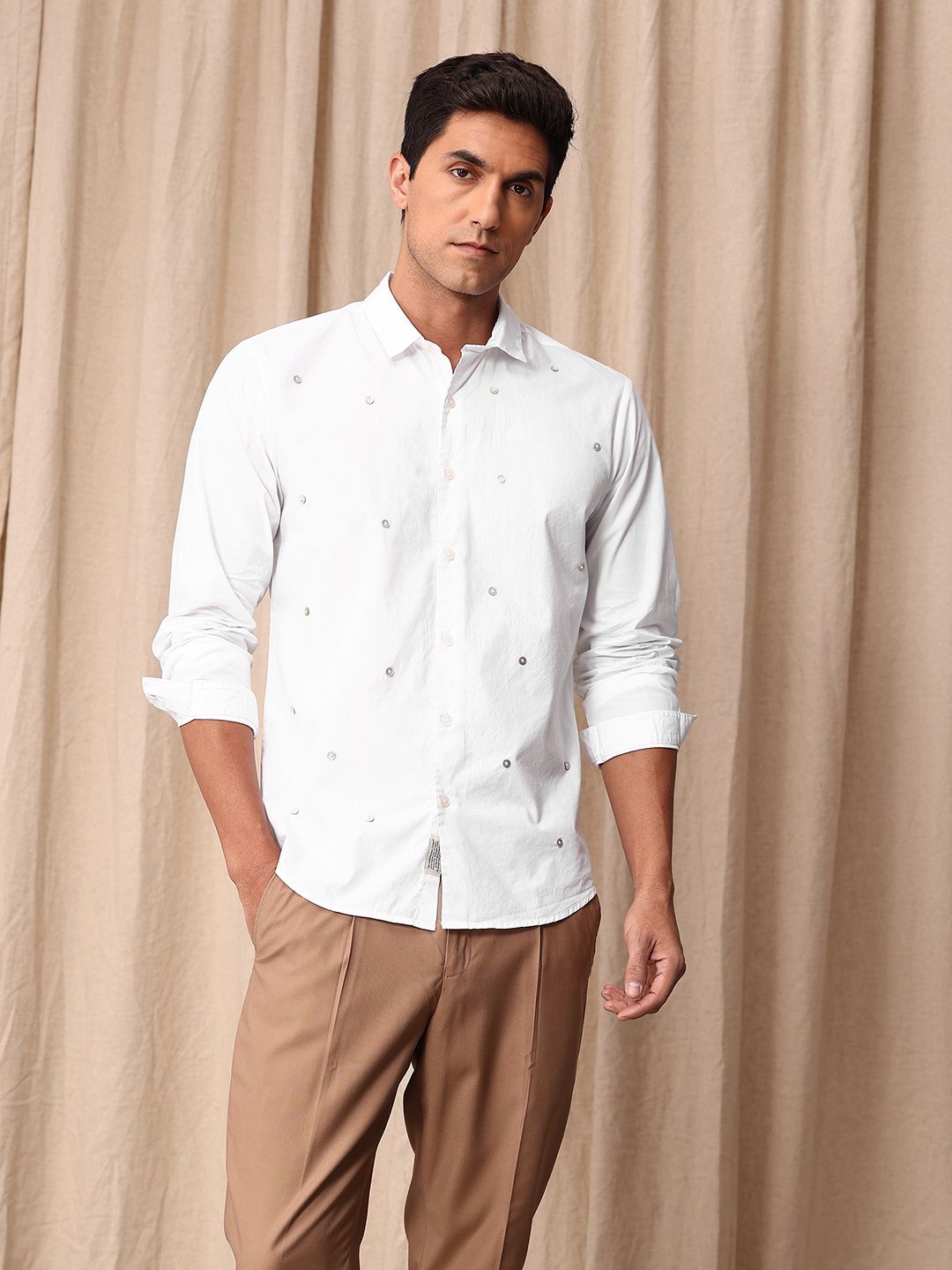 Mr Bowerbird Pure Cotton Button Detail Tailored Fit Casual Shirt