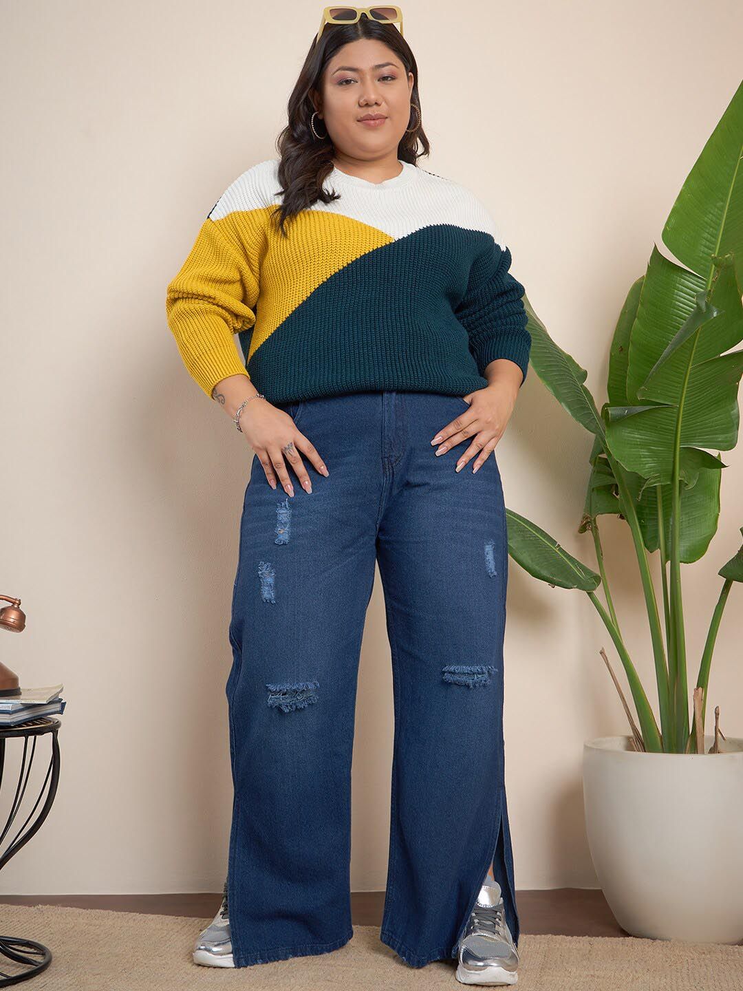 CURVY STREET Plus Size Colourblocked Pure Acrylic Pullover