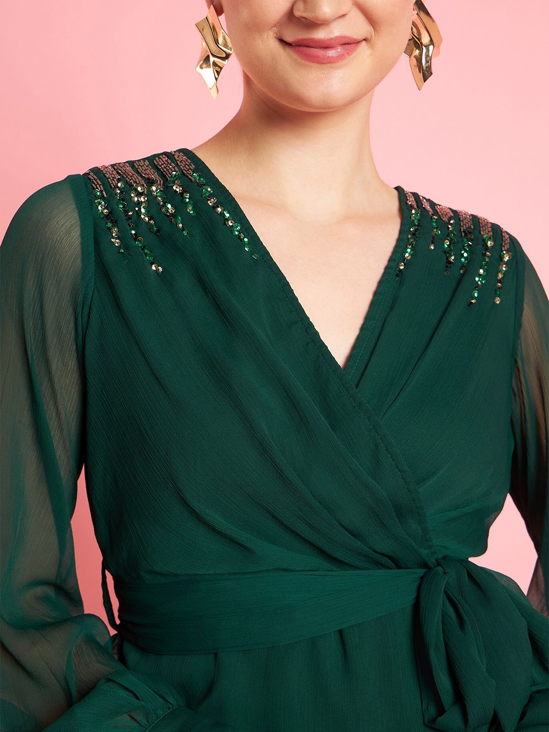 Antheaa Embellished Layered V-Neck Chiffon Fit & Flare Dress