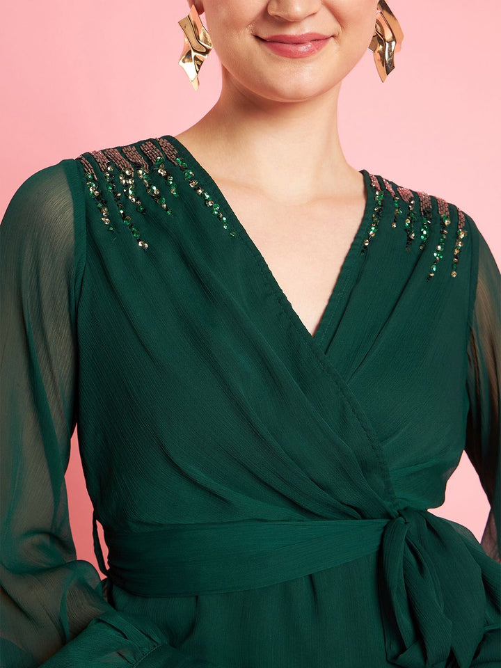 Antheaa Embellished Layered V-Neck Chiffon Fit & Flare Dress
