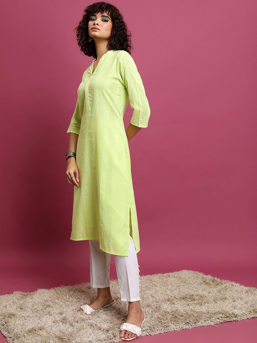 Vishudh Lime Green Striped Mandarin Collar Pure Cotton Kurta